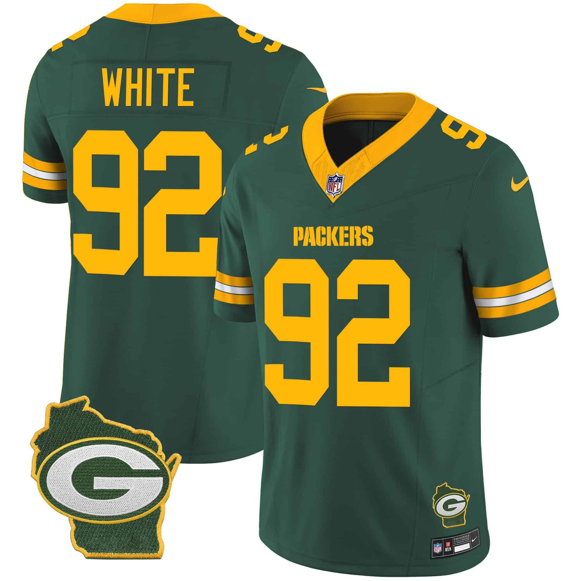 Men Green Bay Packers #92 White Green 2024 Nike Home Patch Vapor NFL Jersey style 1